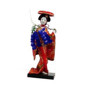 Japanese Geisha Doll Figurine in Red Kimono on Wood Base 10" Vintage